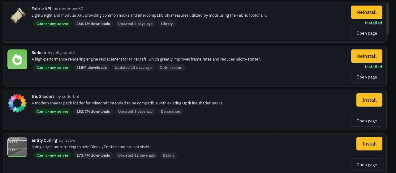 Switchboard's Browse page listing mods with Install buttons