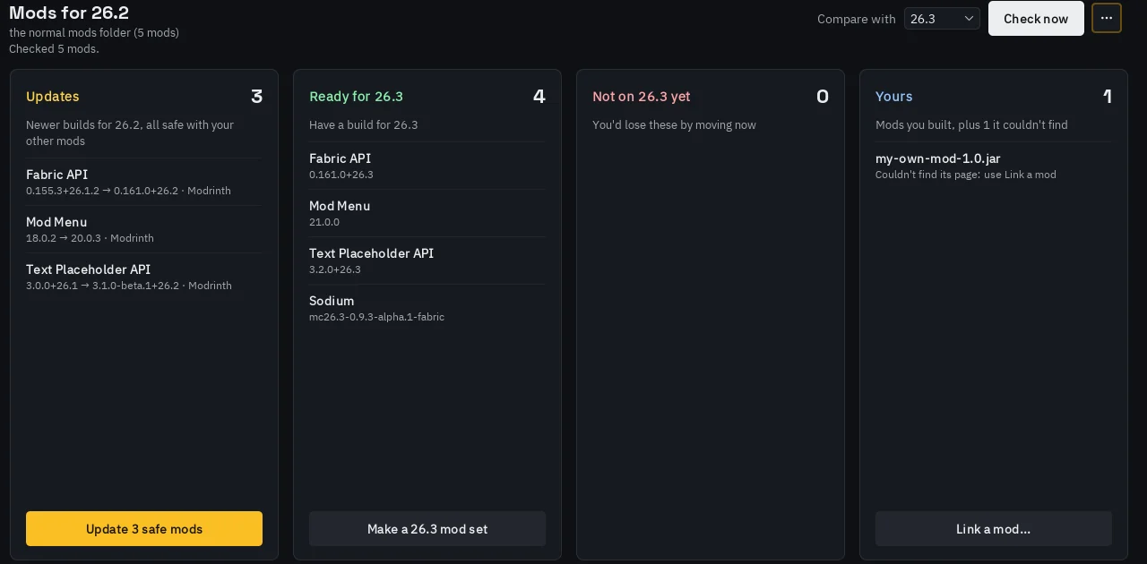 The Mods tab sorted into Updates, Ready, Not on it yet and Yours