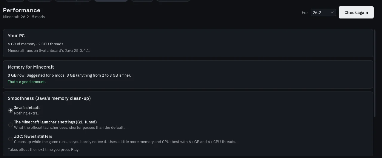 The Performance tab suggesting a memory amount